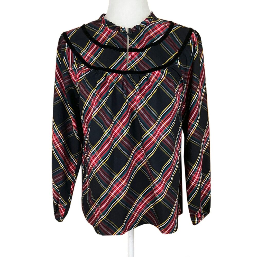 J Crew Women's Tartan Poplin Top Size S Black Red Stewart Long Sleeves Festive